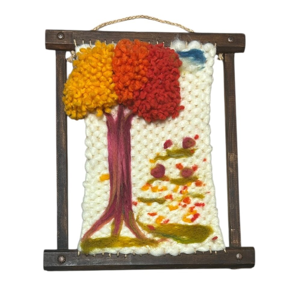 Vtg Handmade Fiber Art Tree Scene Weaving Rug Hooking Wool Felting Boho Wall Art